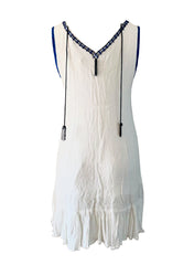 Sleeveless V-neck Cotton Linen Embellished Mini Dress in White