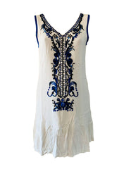 Sleeveless V-neck Cotton Linen Embellished Mini Dress in White