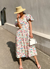 Puffy Short Sleeve Floral Print Cotton Fit-and-Flare Midi Dress