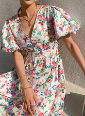 Puffy Short Sleeve Floral Print Cotton Fit-and-Flare Midi Dress