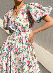 Puffy Short Sleeve Floral Print Cotton Fit-and-Flare Midi Dress