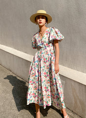 Puffy Short Sleeve Floral Print Cotton Fit-and-Flare Midi Dress