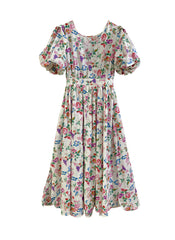 Puffy Short Sleeve Floral Print Cotton Fit-and-Flare Midi Dress