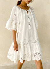 Boho Embroidered 100% Cotton Tent Dress with Belt in White