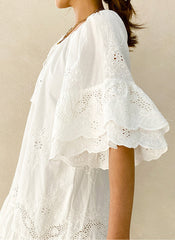 Boho Embroidered 100% Cotton Tent Dress with Belt in White