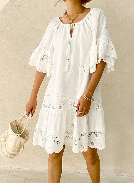 Boho Embroidered 100% Cotton Tent Dress with Belt in White