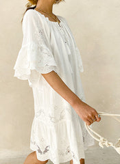 Boho Embroidered 100% Cotton Tent Dress with Belt in White