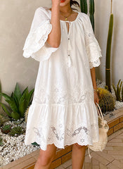 Boho Embroidered 100% Cotton Tent Dress with Belt in White