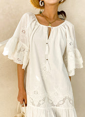 Boho Embroidered 100% Cotton Tent Dress with Belt in White