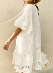 Boho Embroidered 100% Cotton Tent Dress with Belt in White