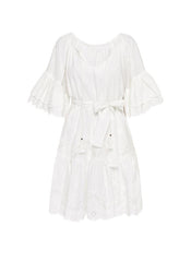 Boho Embroidered 100% Cotton Tent Dress with Belt in White