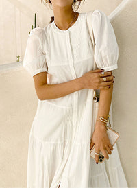 Pintuck Front Bubble Short Sleeve Pure Cotton Shirt Tiered Dress in White