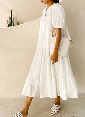 Pintuck Front Bubble Short Sleeve Cotton Shirt Tiered Dress in White