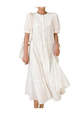 Pintuck Front Bubble Short Sleeve Cotton Shirt Tiered Dress in White