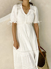 Ruffle V-neck Floral Embroidered Eyelet Cotton Tiered Dress in White