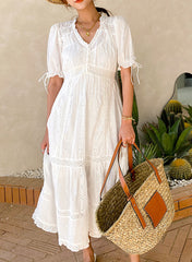 Ruffle V-neck Floral Embroidered Eyelet Cotton Tiered Dress in White