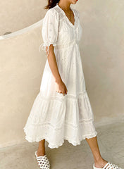 Ruffle V-neck Floral Embroidered Eyelet Cotton Tiered Dress in White