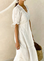 Ruffle V-neck Floral Embroidered Eyelet Cotton Tiered Dress in White