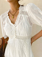 Ruffle V-neck Floral Embroidered Eyelet Cotton Tiered Dress in White