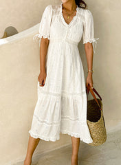 Ruffle V-neck Floral Embroidered Eyelet Cotton Tiered Dress in White