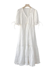 Ruffle V-neck Floral Embroidered Eyelet Cotton Tiered Dress in White