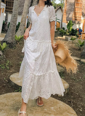 Hippie Ruffle Drawstring High-neck Cotton Tiered Dress in White