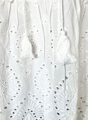 Hippie Ruffle Drawstring High-neck Cotton Tiered Dress in White