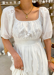 Victorian Square Neck Embroidered Cotton Tiered Peasant Dress