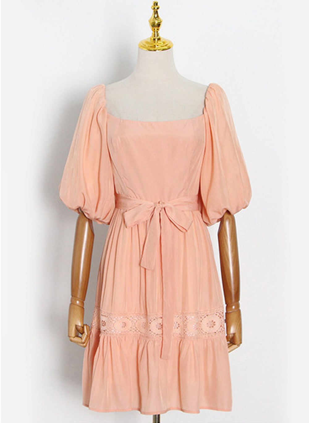 Square Neck Puffy Sleeve Lace Trimmed Belted Dress in Coral