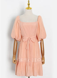Square Neck Puffy Sleeve Lace Trimmed Belted Dress in Coral