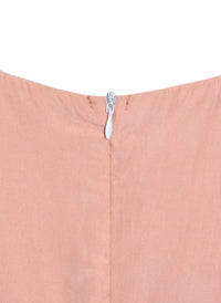 Square Neck Puffy Sleeve Lace Trimmed Belted Dress in Coral