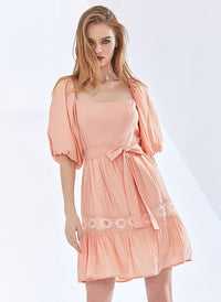 Square Neck Puffy Sleeve Lace Trimmed Belted Dress in Coral