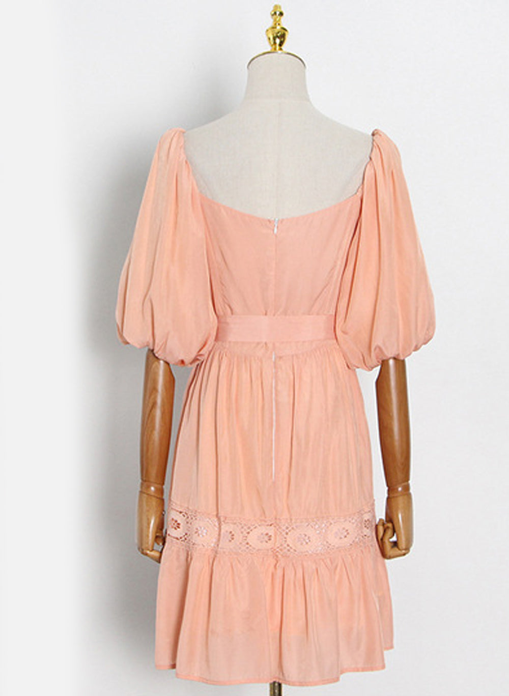 Square Neck Puffy Sleeve Lace Trimmed Belted Dress in Coral