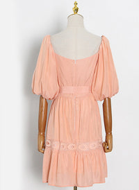 Square Neck Puffy Sleeve Lace Trimmed Belted Dress in Coral