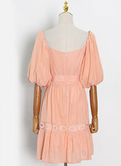 Square Neck Puffy Sleeve Lace Trimmed Belted Dress in Coral