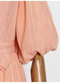 Square Neck Puffy Sleeve Lace Trimmed Belted Dress in Coral