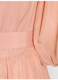 Square Neck Puffy Sleeve Lace Trimmed Belted Dress in Coral