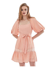 Square Neck Puffy Sleeve Lace Trimmed Belted Dress in Coral