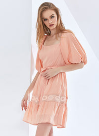 Square Neck Puffy Sleeve Lace Trimmed Belted Dress in Coral
