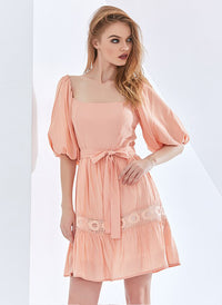 Square Neck Puffy Sleeve Lace Trimmed Belted Dress in Coral