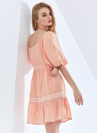 Square Neck Puffy Sleeve Lace Trimmed Belted Dress in Coral