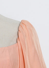 Square Neck Puffy Sleeve Lace Trimmed Belted Dress in Coral