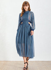 Flowy Chiffon High Neck Cut-out Waist Pleated Dress