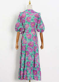 Puffy Sleeve Ruffled V-neck Floral Print Wrap Dress