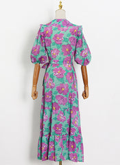 Puffy Sleeve Ruffled V-neck Floral Print Wrap Dress