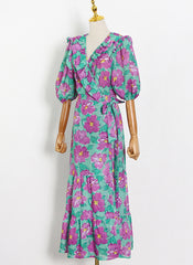 Puffy Sleeve Ruffled V-neck Floral Print Wrap Dress