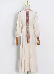 Moroccan High Neck Embroidered Tassel Swing Dress in Beige