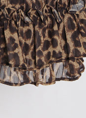 High Neck Rushed Tapered Waist Mini Dress in Leopard Print