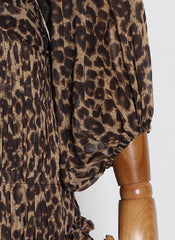 High Neck Rushed Tapered Waist Mini Dress in Leopard Print