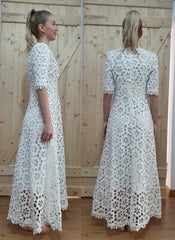 Floral Crochet Lace Eyelet Empire Waist Maxi Dress in White